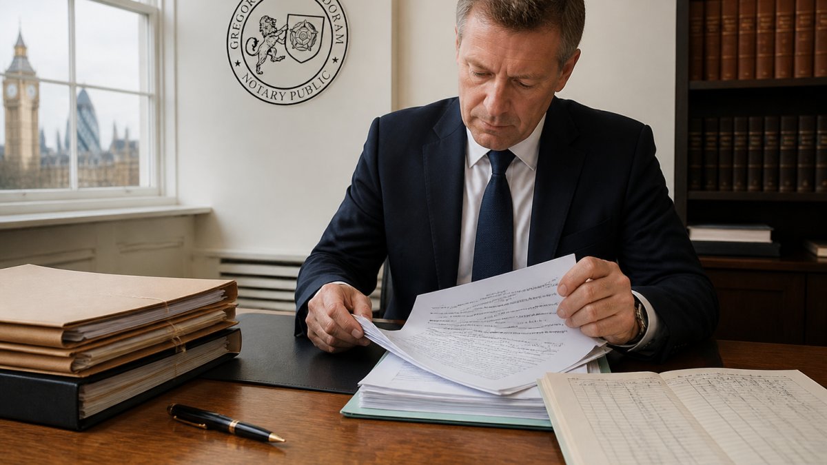Notary public reviewing corporate documents for an apostille process in a London office.