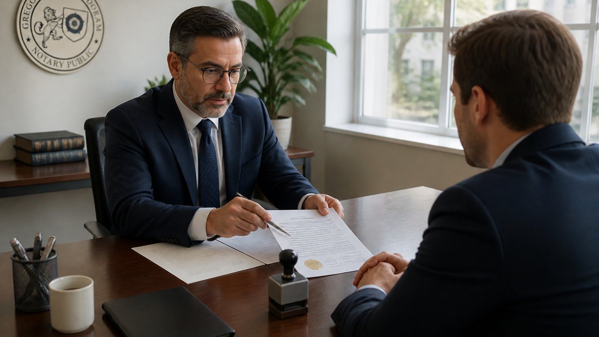 A notary public examines a signed notarized power of attorney document with a company director in an office.